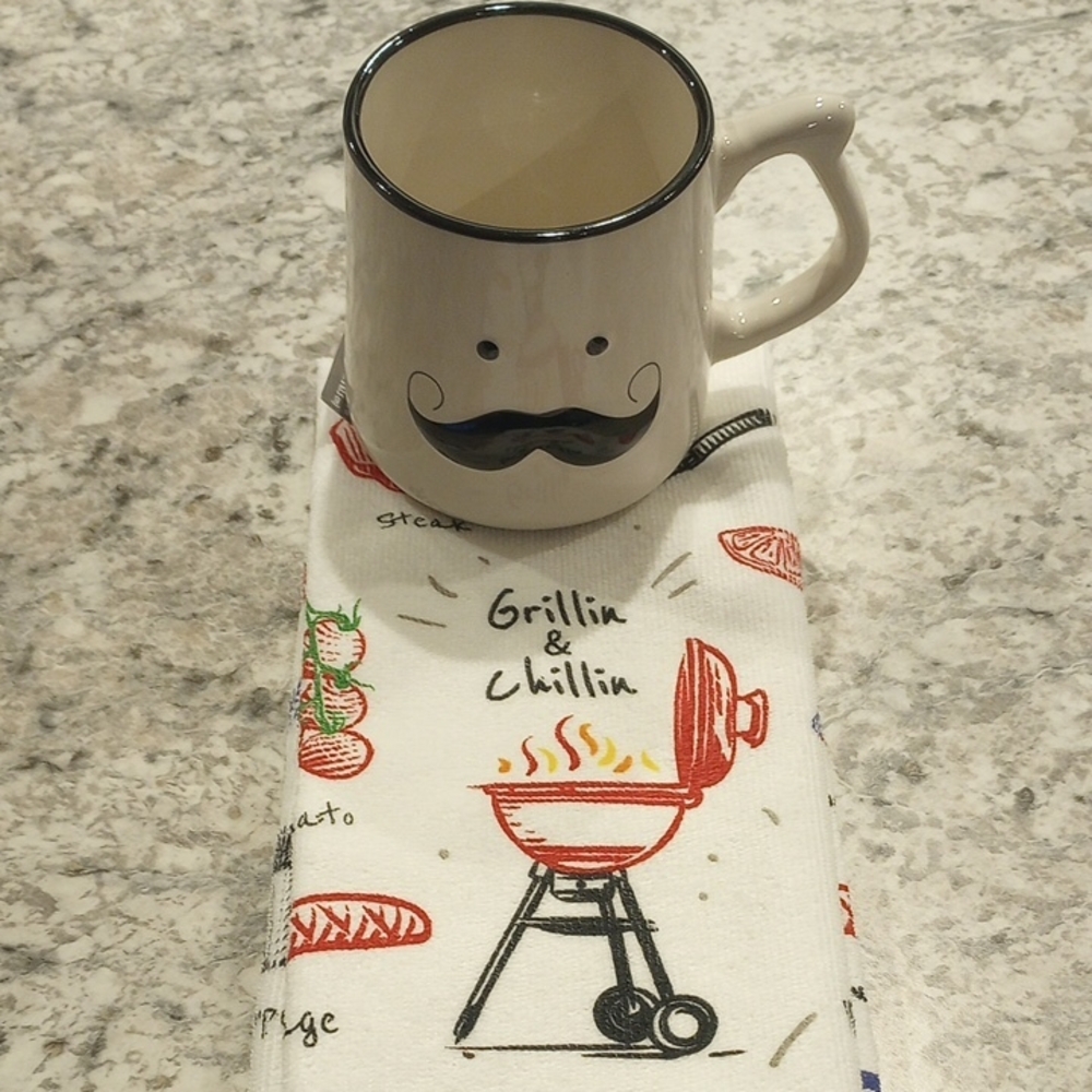 Mustache Mug with Grill Design Towel Set